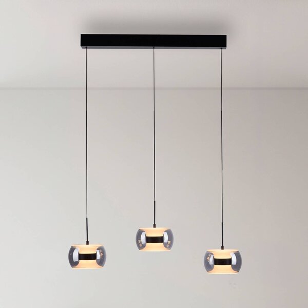 Paul Neuhaus LED závesné svietidlo Fumea, dĺžka 71 cm, čierna/dymová, sklo, 3-pl., Čierna, Obývacia izba / jedáleň, Sklo, Závesné svietidlo