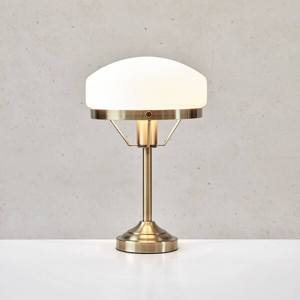 Markslöjd Stolová lampa Aurelia, staromozolová mosadz/biela, sklo, E27, Mosadz / zlato, Obývacia izba / jedáleň, Sklo, Starožitný, Stojaca lampa