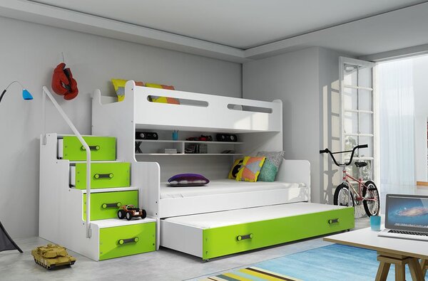 Detská poschodová posteľ s rozšíreným spodným lôžkom a prístelkou MAXÍK 3 bielo-zelená - 200x120 cm