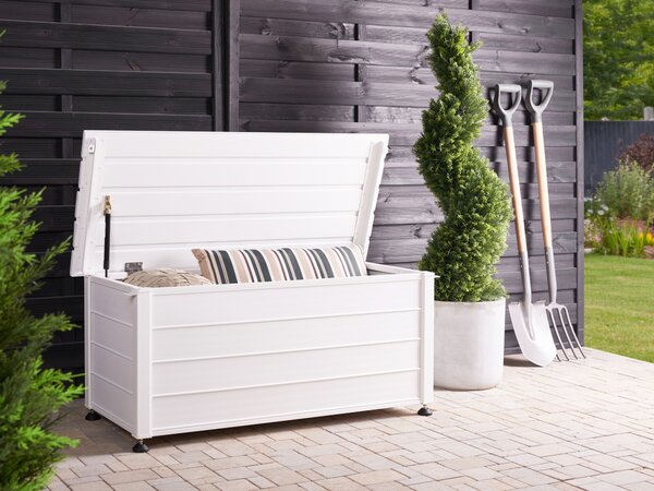 Záhradný úložný box s vekom biely hliníkový 113 x 50 cm 190 L vonkajší úložný nábytok