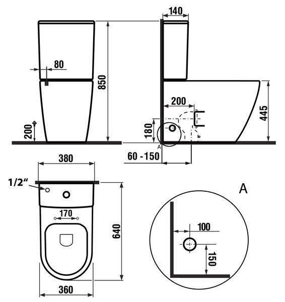 Sapho Sapho, TURKU kombi WC, Vortex Rimless, spodný/zadný odpad, biela, PC104V