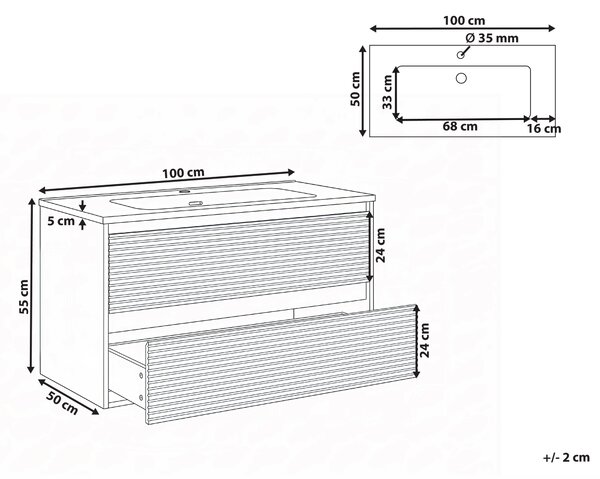 Závesná kúpeľňová skrinka na stenu sivá MDF 100 x 46 cm s 2 zásuvkami a umývadlom