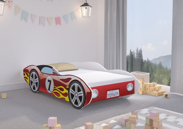 MAXMAX Detská autopostel CALIFORNIA 140x70 cm - červená s plameňmi + MATRACE