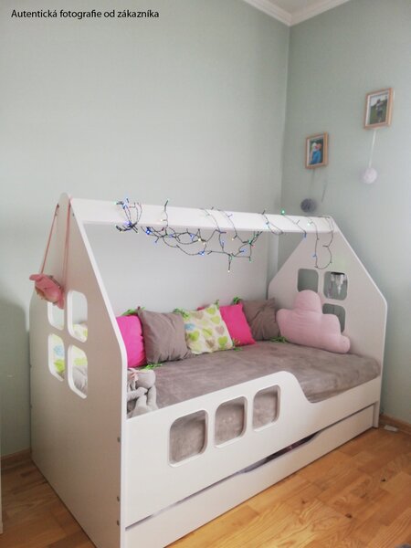 MAXMAX Detská domčeková posteľ KIDHOUSE so zásuvkou - biela - ľavá - 160x80 cm