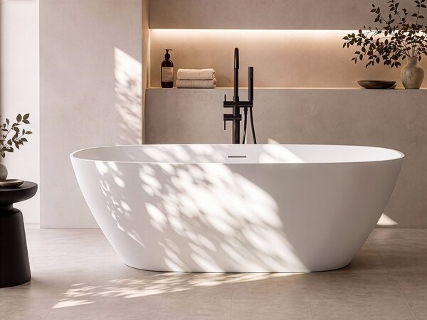 Voľne stojaca vaňa biela solid surface 170 cm s tenkým okrajom moderná kúpeľňa