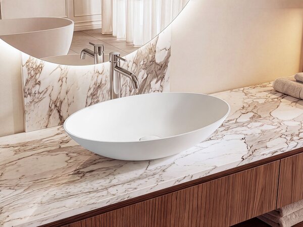 Umývadlo na dosku biele solid surface oválne s tenkým okrajom moderná kúpeľňová umývadlová misa