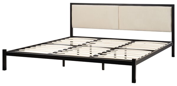 Kovová posteľ čierna 180 x 200 cm rám postele s roštom svetlobéžové čalúnené čelo minimalistický dizajn