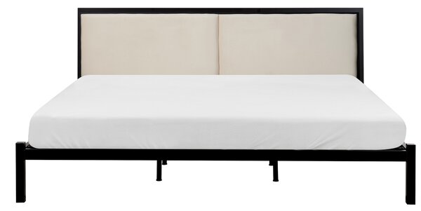 Kovová posteľ čierna 180 x 200 cm rám postele s roštom svetlobéžové čalúnené čelo minimalistický dizajn