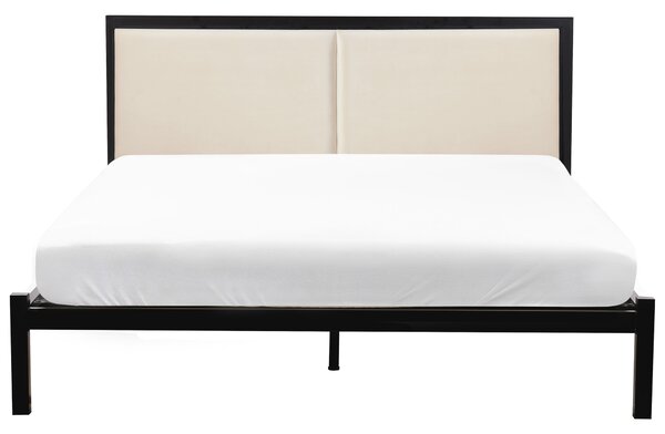 Kovová posteľ čierna 140 x 200 cm rám postele s roštom svetlobéžové čalúnené čelo minimalistický dizajn
