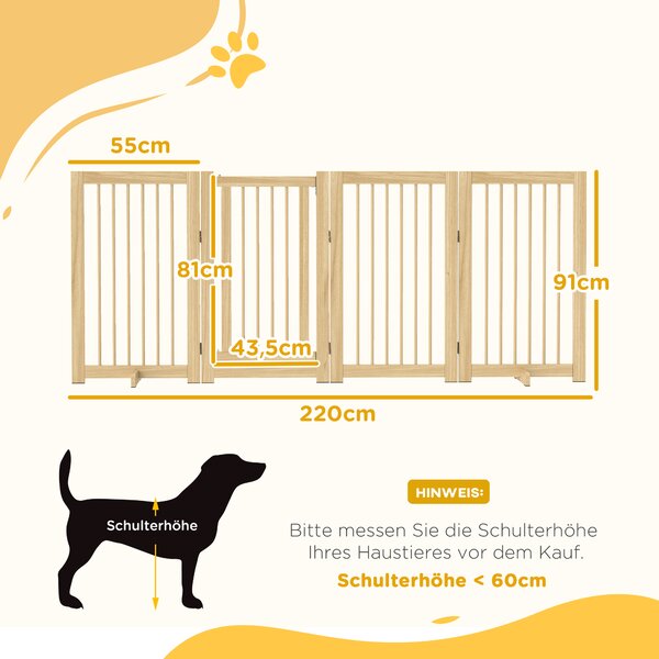 PAWHUT Štvordielna drevená zábrana pre psov 55-220 x 91 cm svetlé drevo