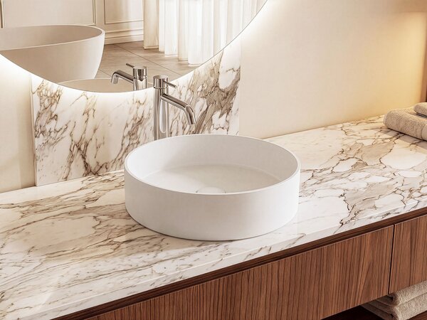 Umývadlo na dosku biele solid surface okrúhle s tenkým okrajom moderná kúpeľňová umývadlová misa