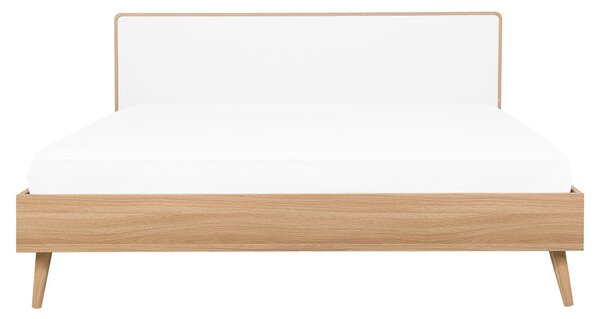 Posteľ svetlé drevo biela MDF 160 x 200 cm s LED osvetlením lamelový rošt s čelom moderný škandinávsky štýl spálňa