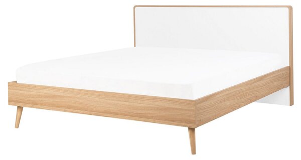 Posteľ svetlé drevo biela MDF 160 x 200 cm s LED osvetlením lamelový rošt s čelom moderný škandinávsky štýl spálňa