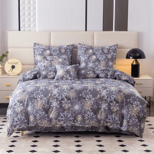 Sada 2ks obliečok z mikrovlákna SNOWFLAKE modrosivé + plachta Jersey 180x200cm biela, dvojlôžko