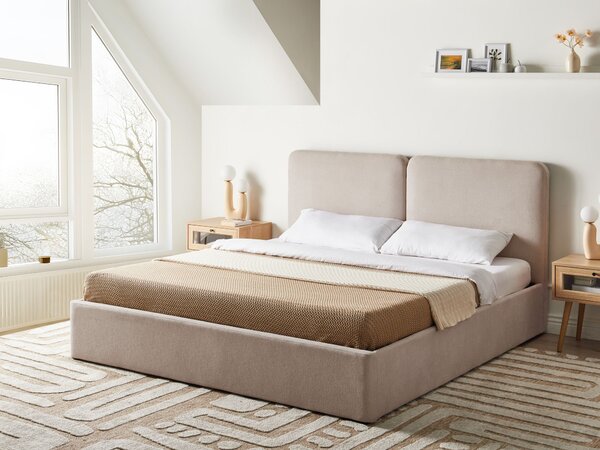 Posteľ s úložným priestorom béžová 180 x 200 cm látkové čalúnenie elegantné čelo zdvíhací rošt