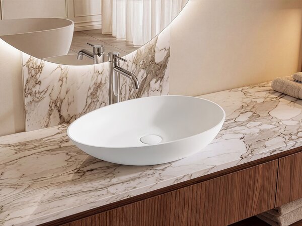 Umývadlo na dosku biele solid surface oválne s tenkým okrajom moderná kúpeľňová umývadlová misa