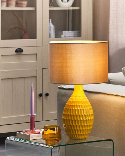 Stolná lampa žltá keramická 54 cm lesklý podstavec látkové tienidlo retro dizajn obývacia izba spálňa