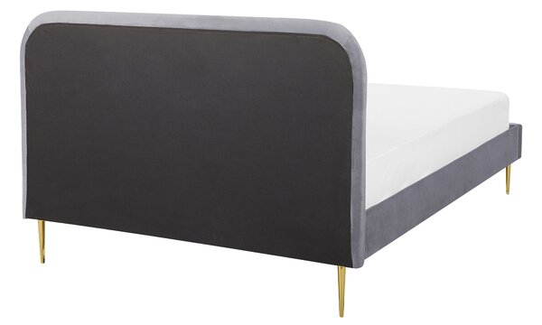 Posteľ sivá čalúnená zamatová 140 x 200 cm čalúnené čelo zlaté nohy lamelový rošt minimalistický dizajn