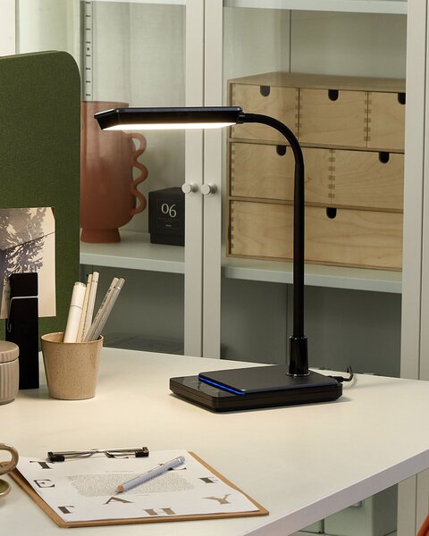 LED stolová lampa čierna syntetický materiál kancelárska lampa s nastaviteľným ramenom a stmievačom