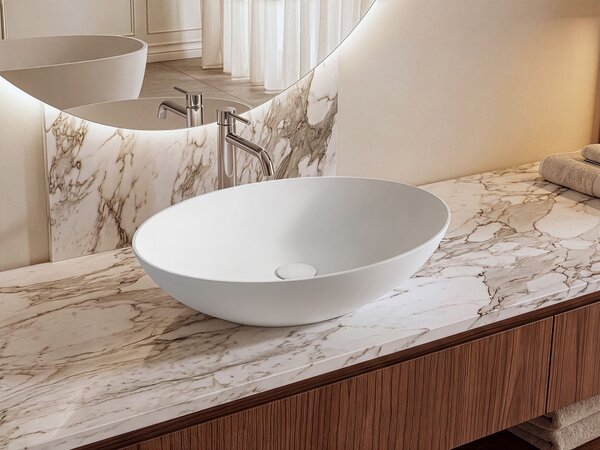 Umývadlo na dosku biele solid surface oválne s tenkým okrajom moderná kúpeľňová umývadlová misa