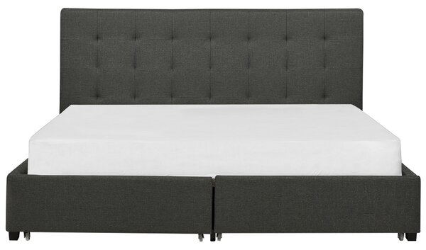 Posteľ 180 x 200 cm tmavosivá čalúnený rám s úložným priestorom čelo s gombíkmi
