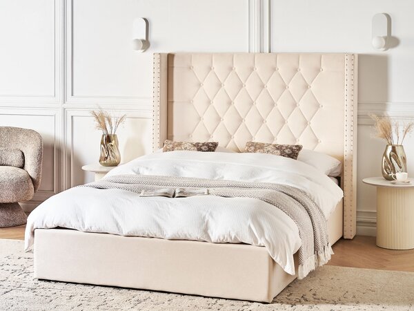 Posteľ s úložným priestorom krémová biela zamatová čalúnená 140 x 200 cm prešívané čelo elegantný glamour dizajn