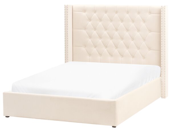 Posteľ s úložným priestorom krémová biela zamatová čalúnená 140 x 200 cm prešívané čelo elegantný glamour dizajn