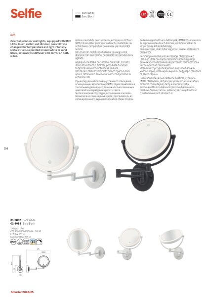 Redo 01-3087 -LED Stm. kosmetické zrkadielko SELFIE LED/7W/230V 3000/4000/6000K biela