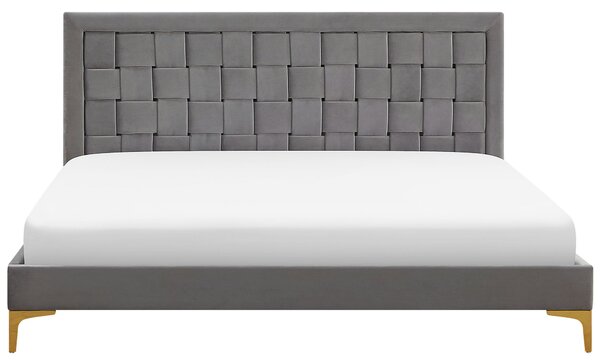 Rám postele 180 x 200 cm sivá zamatové čalúnenie s čelom zlaté nohy spálňa moderný glamour štýl