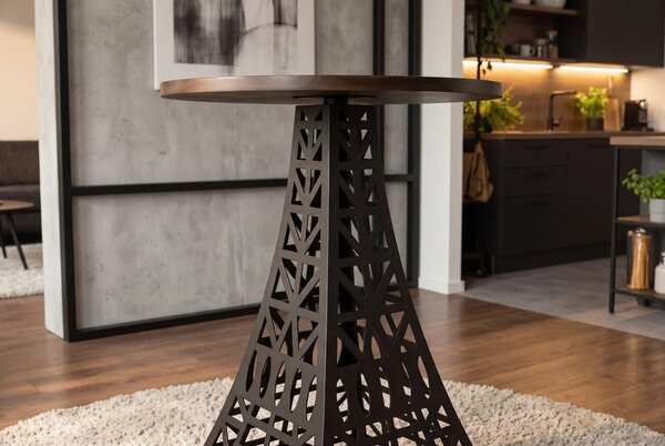 Industriálny barový stôl Eiffel s okrúhlou hnedou masívnou doskou a čiernou kovovou podstavou s dizajnom Eiffelovej veže 70 cm