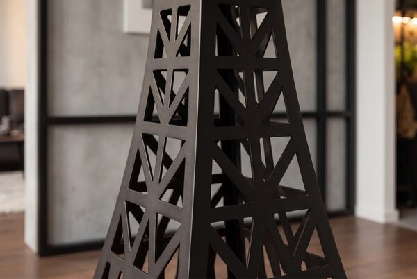 Industriálny barový stôl Eiffel s okrúhlou hnedou masívnou doskou a čiernou kovovou podstavou s dizajnom Eiffelovej veže 70 cm