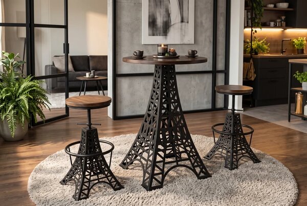 Industriálny barový stôl Eiffel s okrúhlou hnedou masívnou doskou a čiernou kovovou podstavou s dizajnom Eiffelovej veže 70 cm