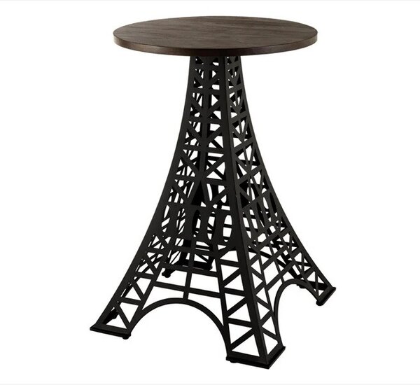 Industriálny barový stôl Eiffel s okrúhlou hnedou masívnou doskou a čiernou kovovou podstavou s dizajnom Eiffelovej veže 70 cm