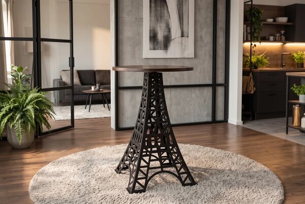 Industriálny barový stôl Eiffel s okrúhlou hnedou masívnou doskou a čiernou kovovou podstavou s dizajnom Eiffelovej veže 70 cm