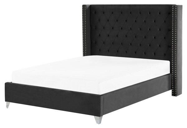 Posteľ čierna zamatové čalúnenie 160 x 200 cm prešívané čelo lamelový rošt glamour dizajn