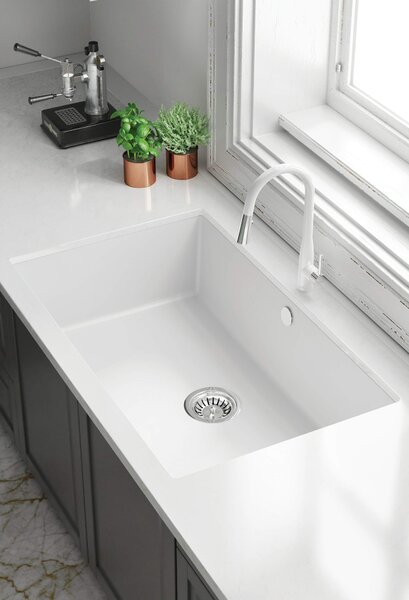 Deante Corda, granitový drez pod dosku 800x500x204 mm, 3,5" + priestorovo úsporný sifón, 1-komorový, biela, ZQA_A10D