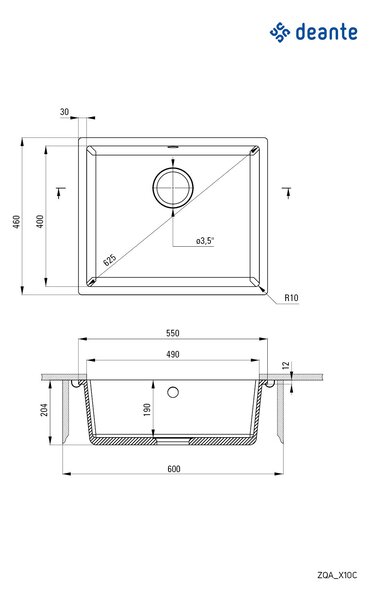 Deante Corda, granitový drez pod dosku 550x460x204 mm, 3,5" + priestorovo úsporný sifón, 1-komorový, biela, ZQA_A10C