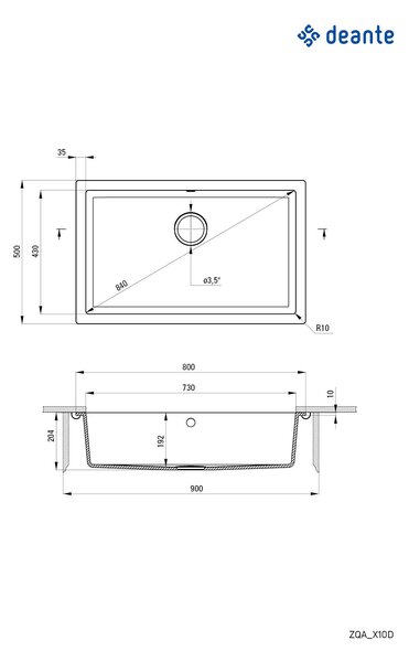 Deante Corda, granitový drez pod dosku 800x500x204 mm, 3,5" + priestorovo úsporný sifón, 1-komorový, grafitová metalíza, ZQA_G10D