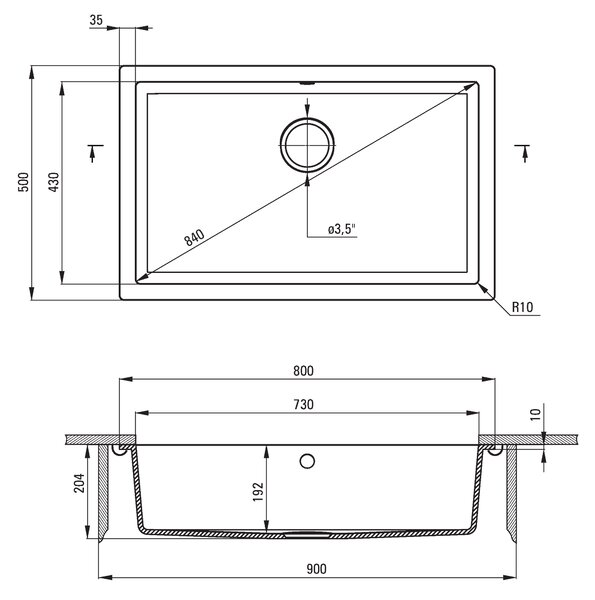 Deante Corda, granitový drez pod dosku 800x500x204 mm, 3,5" + priestorovo úsporný sifón, 1-komorový, grafitová metalíza, ZQA_G10D