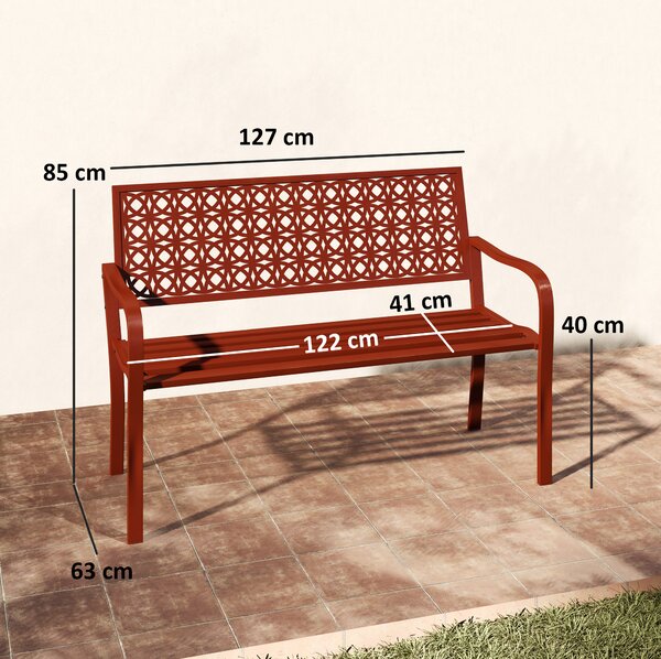 OUTSUNNY Dvojmiestna kovová záhradná lavica s podrúčkami nosnosť 240 kg 127 x 63 x 85 cm červená