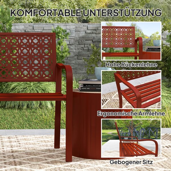 OUTSUNNY Dvojmiestna kovová záhradná lavica s podrúčkami nosnosť 240 kg 127 x 63 x 85 cm červená