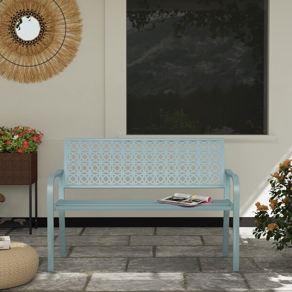 OUTSUNNY Dvojmiestna kovová záhradná lavica s podrúčkami nosnosť 240 kg 127 x 63 x 85 cm svetlo modrá