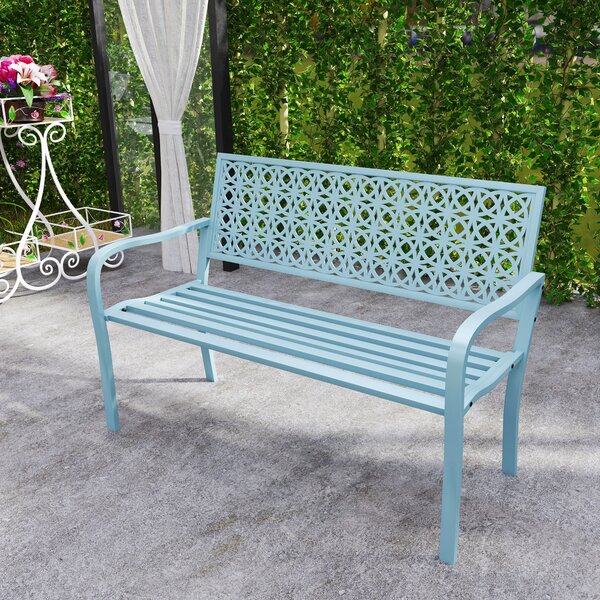 OUTSUNNY Dvojmiestna kovová záhradná lavica s podrúčkami nosnosť 240 kg 127 x 63 x 85 cm svetlo modrá