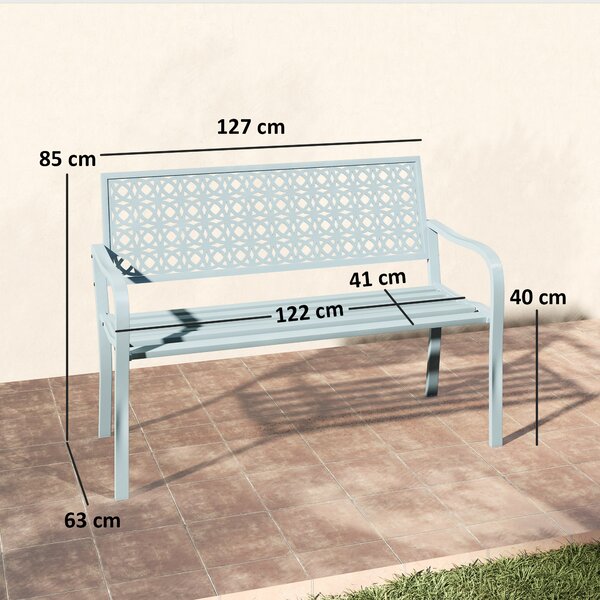 OUTSUNNY Dvojmiestna kovová záhradná lavica s podrúčkami nosnosť 240 kg 127 x 63 x 85 cm svetlo modrá