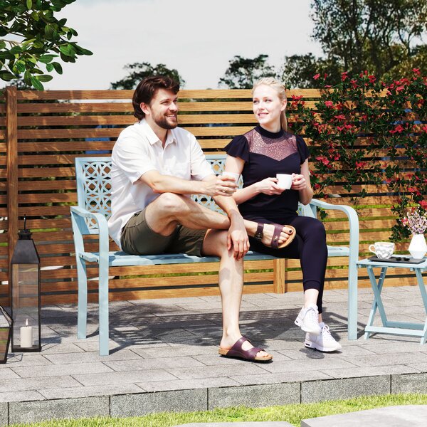 OUTSUNNY Dvojmiestna kovová záhradná lavica s podrúčkami nosnosť 240 kg 127 x 63 x 85 cm svetlo modrá