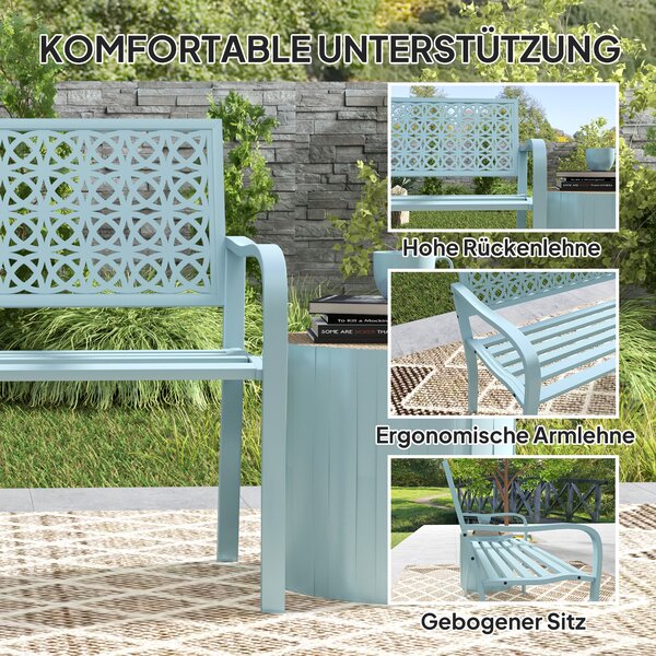OUTSUNNY Dvojmiestna kovová záhradná lavica s podrúčkami nosnosť 240 kg 127 x 63 x 85 cm svetlo modrá