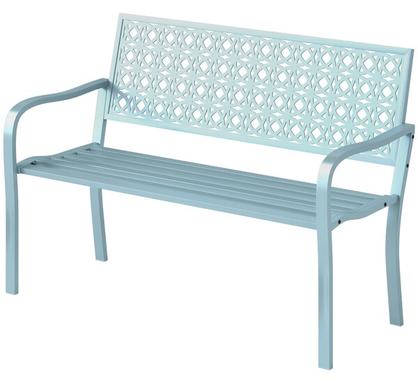 OUTSUNNY Dvojmiestna kovová záhradná lavica s podrúčkami nosnosť 240 kg 127 x 63 x 85 cm svetlo modrá