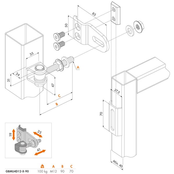 LOCINOX ® Navárací záves M12, otvárateľný 180°, nastaviteľný 3D