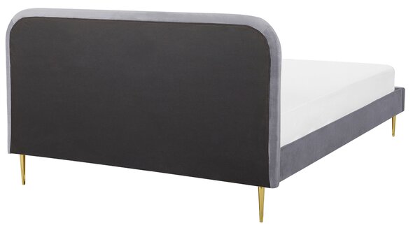 Posteľ sivá čalúnená zamatová 160 x 200 cm čalúnené čelo zlaté nohy lamelový rošt minimalistický dizajn
