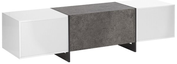 TV stolík biela sivá betónový efekt MDF kov s LED osvetlením úložný priestor 2 skrinky zásuvka polica industriálny štýl obývačka